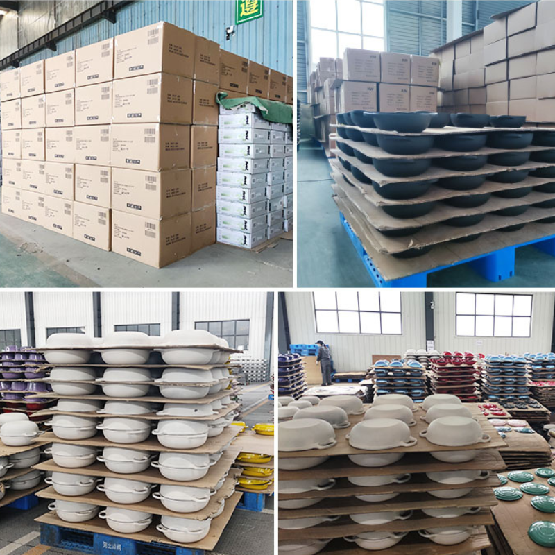 Stack of seasoned cast iron cookware ready for bulk shipping