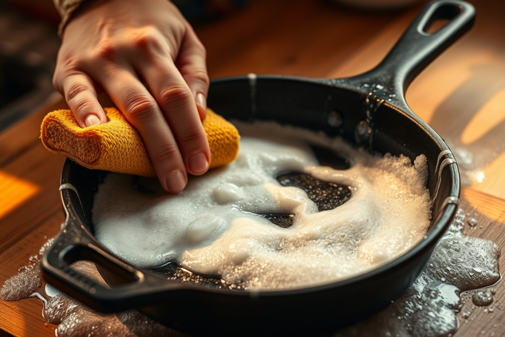 Hands gently cleaning a seasoned cast iron skillet with a sponge