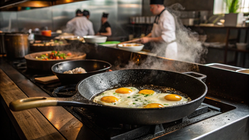 Seasoned cast iron skillet frying eggs in restaurant