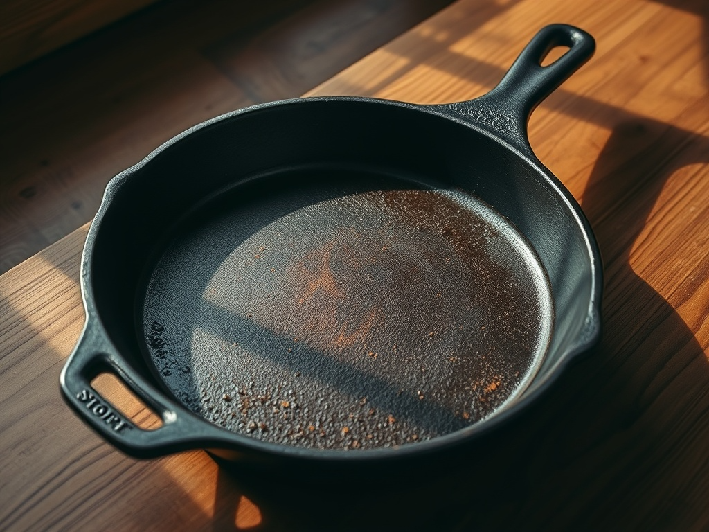 A well-worn seasoned cast iron skillet on a wooden table